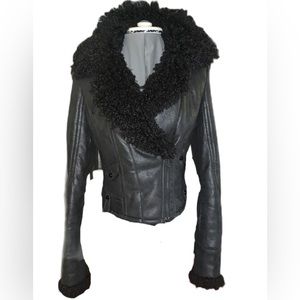 XXI Women’s Black Faux Suede Leather Moto Bomber Jacket w/ Faux Wool trim Size S